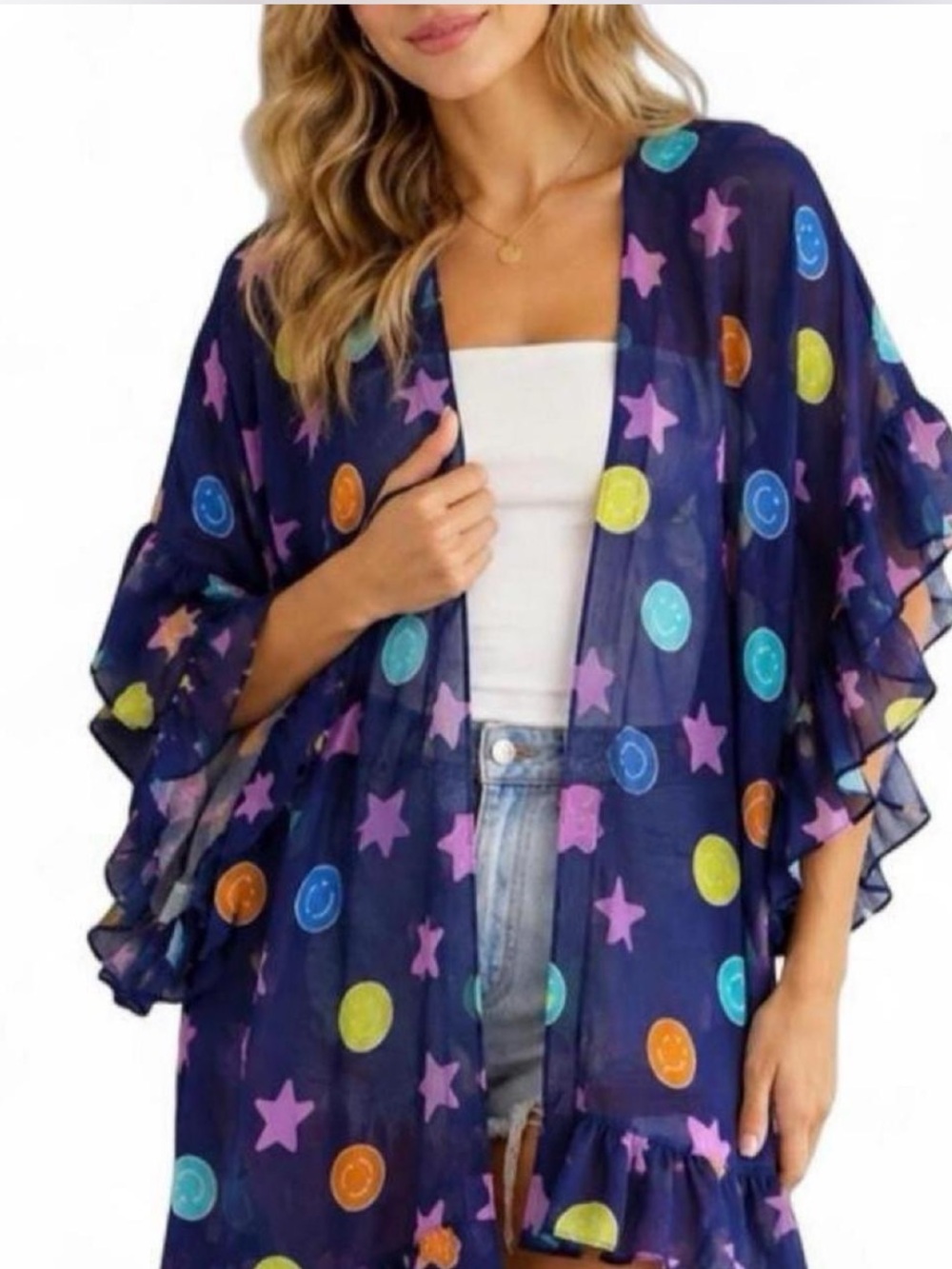 Easel Navy Sheer Kimono with Multicolor Stars & Dots